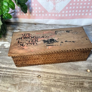 Antique 1915 Unique Pyrography Box, “Automobile Monogram Letter Outfit”, Rustic Farmhouse Trinket Stash Catchall Storage Wood Box Gift