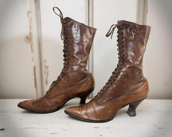 Antique Victorian Lace Up Boots w/ Stacked French Spool Heel, Reenactment Steampunk Decor