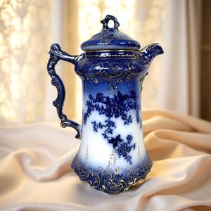 Antique 1800s Flow Blue Chocolate Pot: Cobalt La Belle Pattern, Wheeling Pottery