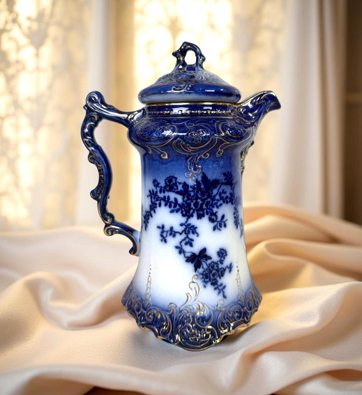 Antique 1800s Flow Blue Chocolate Pot: Cobalt La Belle Pattern