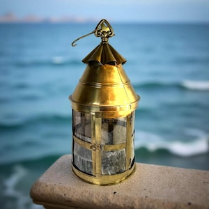 Antique Brass Candle Lantern Lamp, Mica Windows, Maritime Ship Coastal Beach Decor, French Country Farmhouse Style Decor