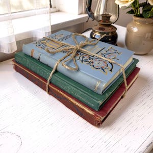 May include: A stack of three hardcover books tied together with brown twine. The top book is light blue with gold and black floral details, the middle book is dark green with embossed text, and the bottom book is a deep red with dark leaf patterns.