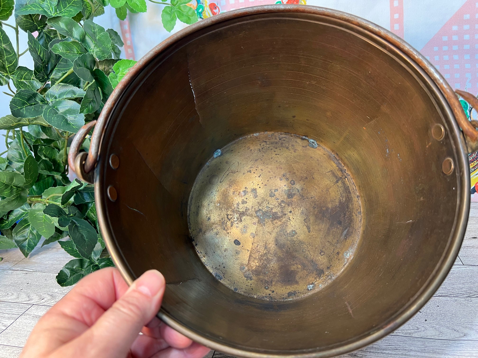 Antique 1800s Spun Brass Bucket Pail, Wrought Iron Bail Handle, Ansonia