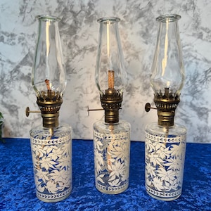 Vintage 1960s Miniature Oil Lamps Glass Hurricane Hong Kong, 3 Available, Kerosene Lantern