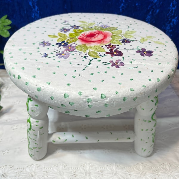 Lovely Small Vintage Hand Painted Stool Signed, Step Stool, Foot Stool, Plant Stand, Rustic Country Cottage Farmhouse Decor