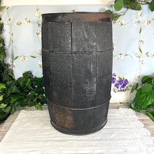 Vintage Wood Barrel 17” Nail Keg, Steel Wire Rings, Primitive Rustic Country Farmhouse Decor, General Store Display
