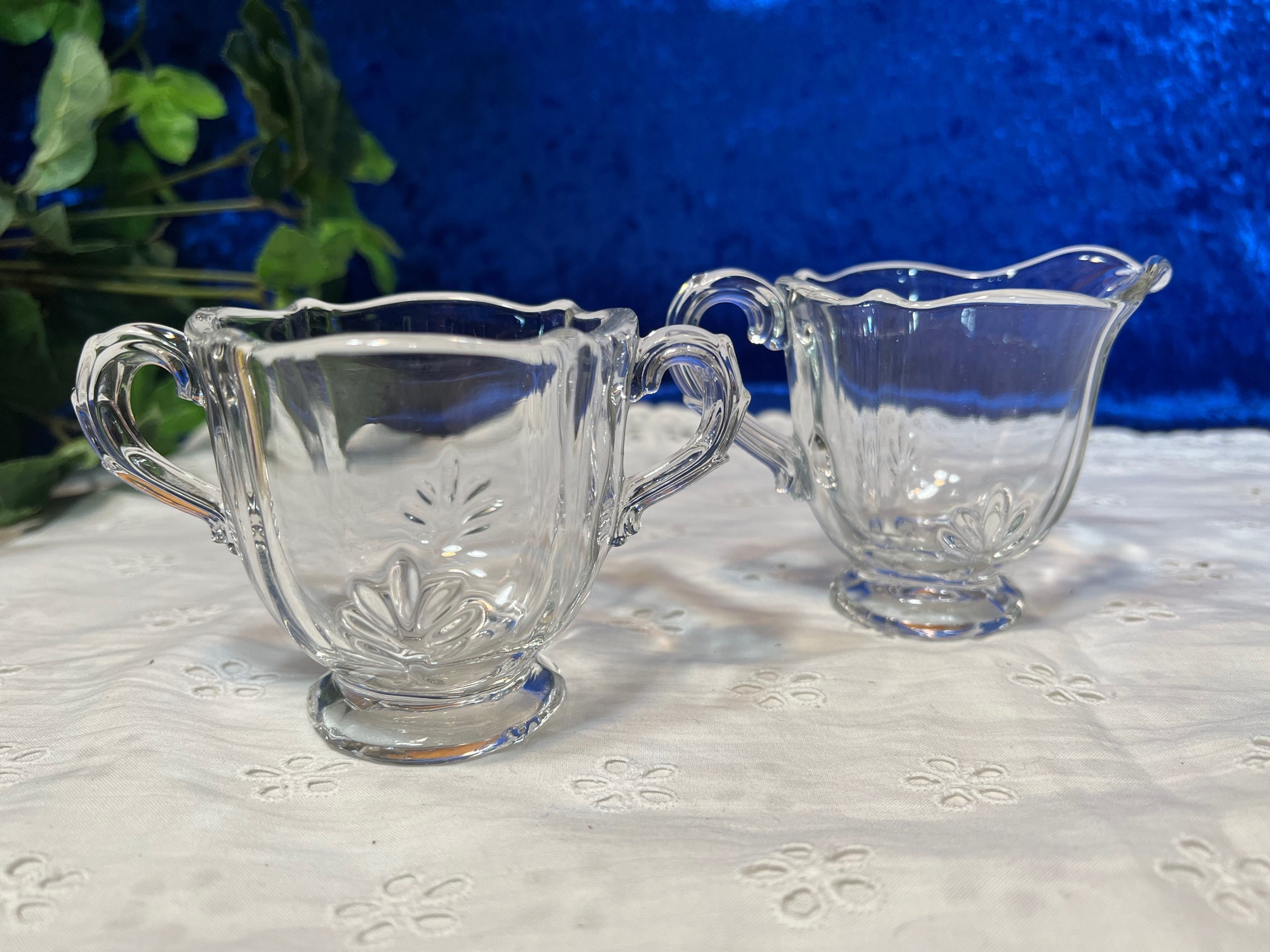 Vintage 1930s Creamer Sugar Sets, Fostoria Glass, Baroque Pattern