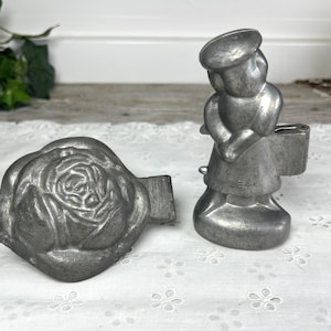 Antique Pewter Ice Cream Molds, Choice Scottish Lady Golfer or Rose, Schall Co., Eppelsheimer Mold Co., Candy Chocolate Molds, Kitchen Decor