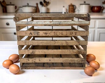 Antique Wood Slat Egg Crate, Storage Box, Primitive Rustic Country Farmhouse Kitchen Decor