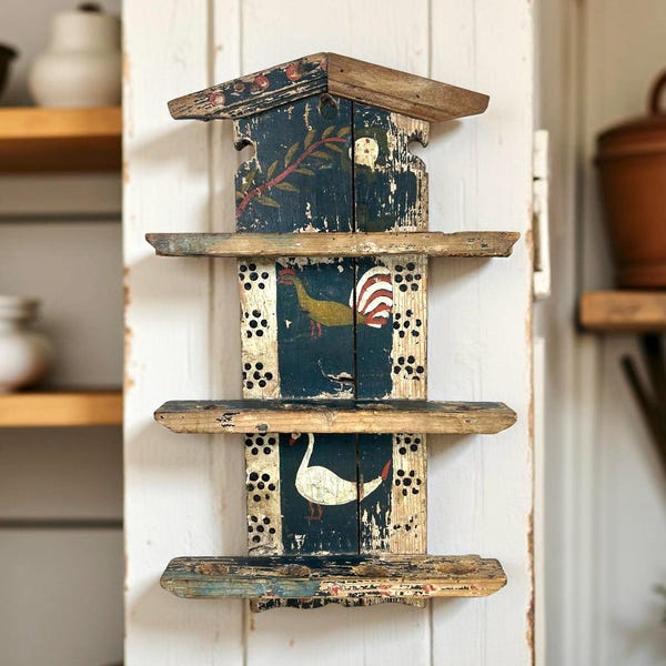 Antique Folk Art Primitive Spoon Rack: Hand Carved Painted Wood Shelf