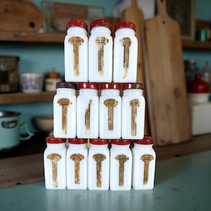 Vintage 1940s Griffiths Spice Jars: Art Deco Milk Glass Kitchen Decor, Set of 12