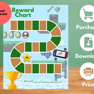 May include: A printable reward chart with a video game theme. The chart features a green and brown path with a star, a diamond, and a video game console. The chart also includes a space for a reward and the text "Reward Chart".