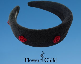Black Wool Felt Headband, Red Rose Gothic Hairband, Handmade
