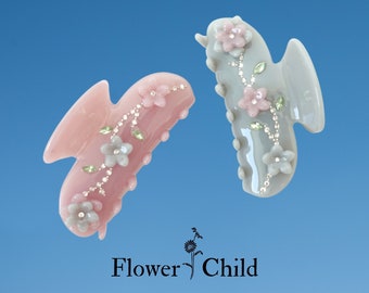 Floral Rhinestone Acrylic Hair Claw Clip, Glossy Acetate Flower Barrette, Gift for Her