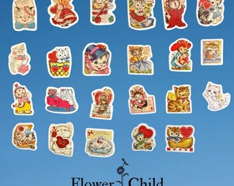 Vintage Valentine Cat Stickers, Retro Kitten Scrapbook Decals