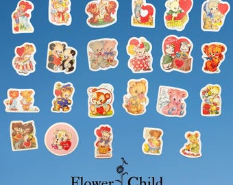 Vintage Valentine Teddy Bear Stickers, Retro Kawaii Scrapbook Decals