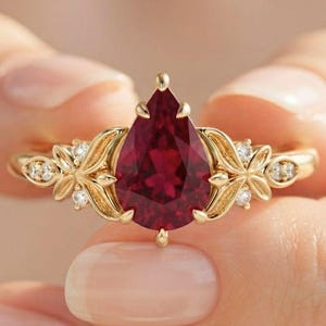 Pear Cut Ruby Engagement Ring, Simulated Ruby Diamond Ring, July Birthstone Jewelry, Red Gemstone Promise Ring, Unique Anniversary Gift