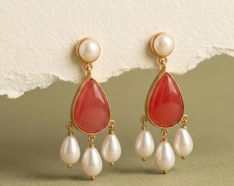 Sterling Silver Ruby & Pearl Dangle Earrings: Gold Plated Art Deco