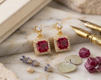 Boucles d'oreilles pendantes carrées en rubis, plaquées or 18 carats et en argent sterling S925, bijoux géométriques.