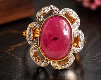 Vintage Floral Ruby Ring 18K Gold Plated Sterling Silver Statement Ring weeding anniversary gift