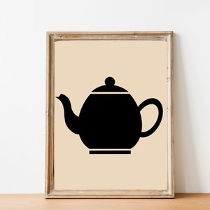 May include: A black silhouette of a teapot with a white outline on a beige background. The teapot is in a simple, minimalist style.