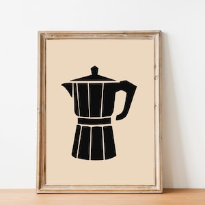Puede incluir: Una impresión enmarcada de una silueta negra de una cafetera sobre un fondo beige.