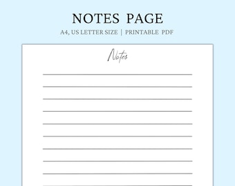 Minimalist Lined Notes Page Printable, Note Template, Journal Writing Paper, Notes Planner Insert, A4 / US Letter Size, Digital Download PDF