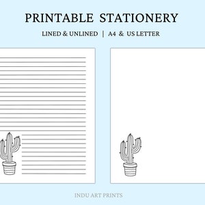Papel para escribir letras con cactus, hoja imprimible de papelería con temática de desierto, página para diario, cuaderno, álbum de recortes, rayado, tamaño carta A4 (EE. UU.), arte de cactus.