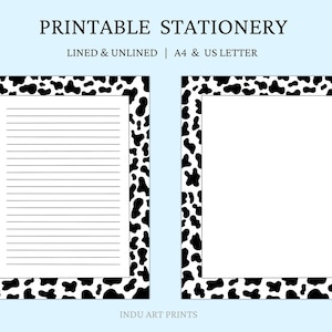 Papel de carta con estampado de vaca en blanco y negro, imprimible, páginas de diario, correo postal, manchas estéticas de vaca, con líneas y sin líneas, digital