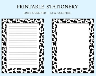 Black and White Cow Print Stationery Paper, Letter Writing Printable, Journal Pages, Snail Mail, Aesthetic Cow Spots, Lined Unlined, Digital