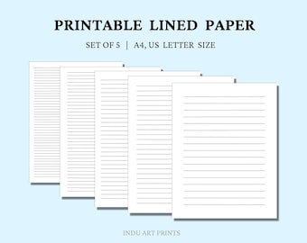 Printable Lined Paper PDF, Set of 5, Notes Writing Papers, Lined Sheets, Ruled Pages, Journal Pages, A4, US Letter Size, Digital Downloads