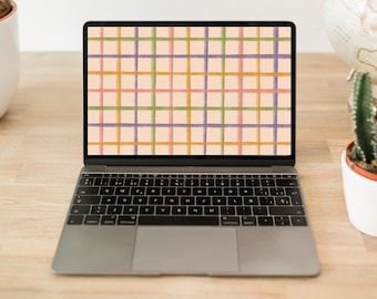Colorful Gingham Laptop Wallpaper, Beige Minimalist MacBook Background, Abstract Computer Homescreen, Modern Checkered Design, Digital Art
