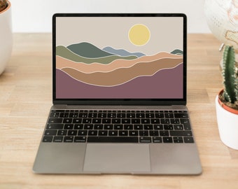 Aesthetic Landscape Laptop Wallpaper, Neutral Boho MacBook Background, Abstract Computer Homescreen, Modern Sun and Mountains Art, Digital