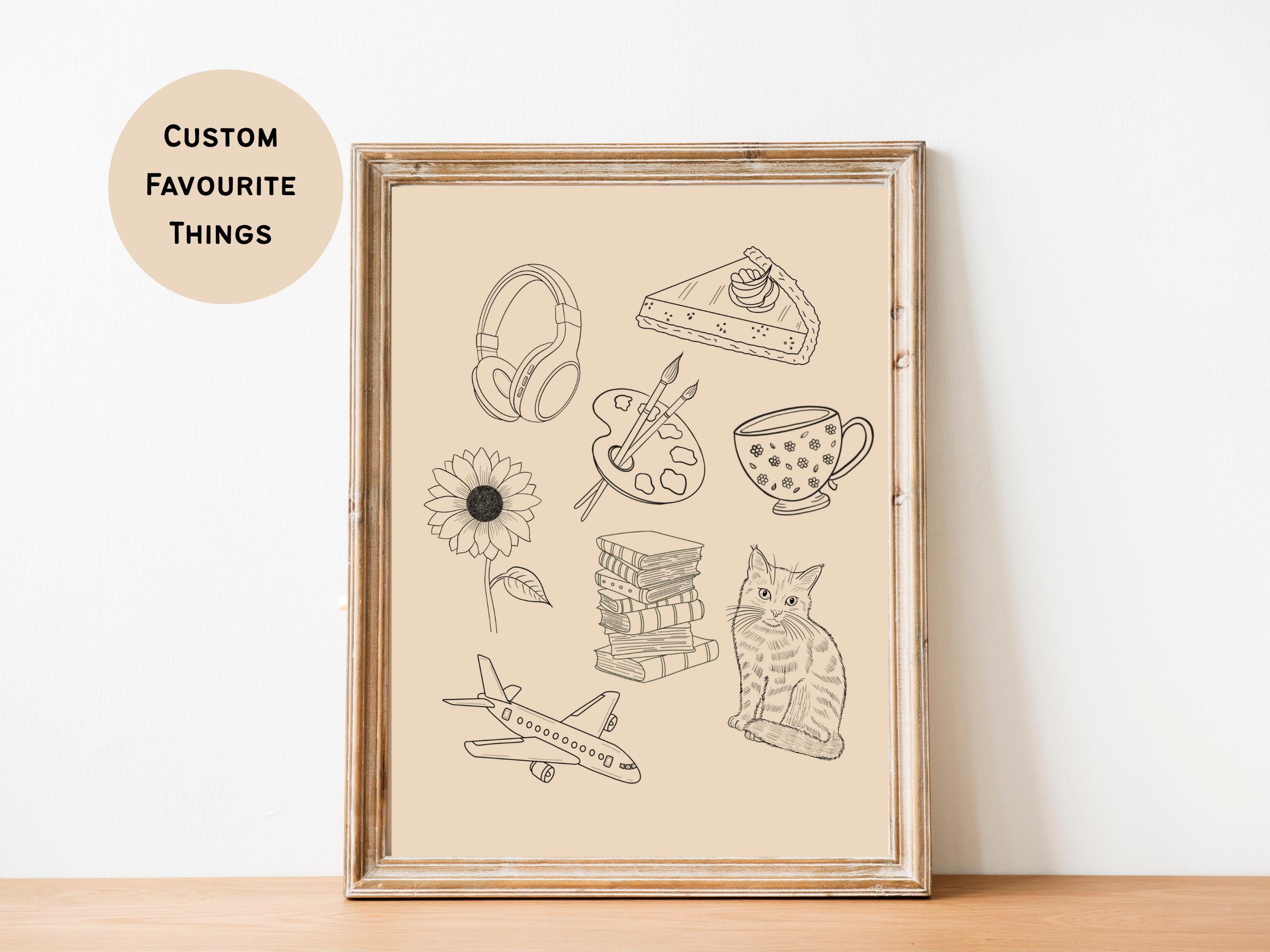 Custom Favourite Things, Digital Illustration, Hand Drawn Wall Art, Cute Line Drawing, Gift for Loved Ones, Personalised Minimal Art Prints