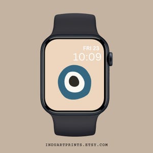 Puede incluir: Un Apple Watch negro con una esfera blanca y un diseño de ojo turco azul. La hora es 10:09 y la fecha es VIE 23.