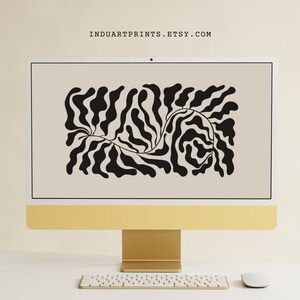 May include: A gold computer monitor displaying a black and white abstract design of a plant with the text "INDUARTPRINTS.ETSY.COM" at the top of the screen.