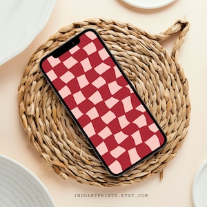 Checkered Phone Wallpaper, Geometric iPhone Background, Maroon Plaid Art, Checks Pattern, Square Grids Lockscreen, Digital Download
