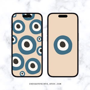 Evil Eye Phone Wallpaper, Set of 2 iPhone Backgrounds, Boho Aesthetic Screensaver, Modern Minimalist, Blue Black Beige, Neutral Lockscreen