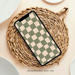 Green and Beige Checkered Phone Wallpaper, Square Checks iPhone Background, Modern Geometric Pattern, Abstract Minimal Lockscreen, Digital