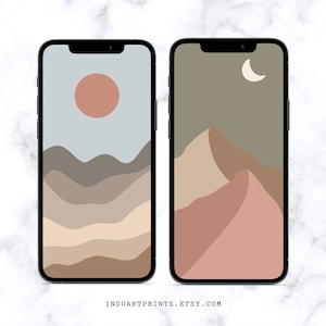 Set of 2 Landscape Phone Wallpaper, Boho Aesthetic iPhone Background, Neutral Minimalist Modern Art, Sun Moon Desert Mountains, Abstract Art