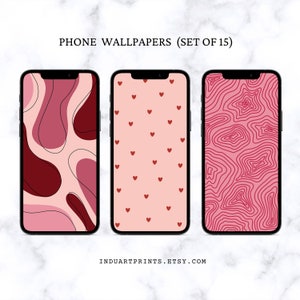 Può includere: Set di 15 sfondi per telefono con design astratti in tonalità rosa e rosso. I design includono cuori, vortici e linee.