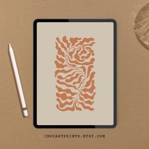 Puede incluir: Ilustración digital de una forma abstracta, orgánica, de color terracota sobre un fondo beige. La forma se asemeja a una planta o un helecho estilizado. El texto "INDUARTPRINTS.ETSY.COM" está en la parte inferior de la imagen.