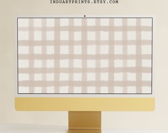 Neutral Gingham Desktop Wallpaper, Beige Minimalist Plaid Background, Aesthetic Computer Checks Design, Mac Windows Desktop, Digital