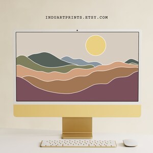 Aesthetic Landscape Desktop Wallpaper, Neutral Boho iMac Background, Abstract Computer Homescreen, Sun and Mountains Art, Minimal Lockscreen