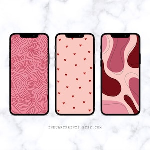 Set van 3 telefoonachtergronden, schattige iPhone-achtergronden, Android-vergrendelscherm, Minimal Hearts Patterns, rood roze kastanjebruin, abstract digitaal ontwerp