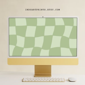 May include: A gold-colored computer monitor with a white screen displaying a green and light green checkered pattern. A white keyboard and mouse are in front of the monitor. The text "INDUARTPRINTS.ETSY.COM" is at the top of the screen.