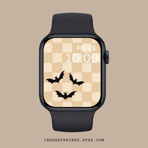 Sfondo per smartwatch con pipistrello di Halloween, sfondo astratto neutro per quadrante Apple Watch, motivo geometrico a scacchi beige, salvaschermo con arte spettrale