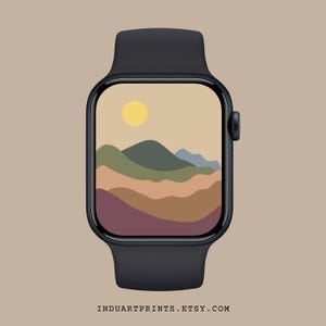 Sfondo per smartwatch con paesaggio estetico, sfondo neutro per quadrante Apple Watch, design minimalista moderno, screensaver boho, sole e montagne