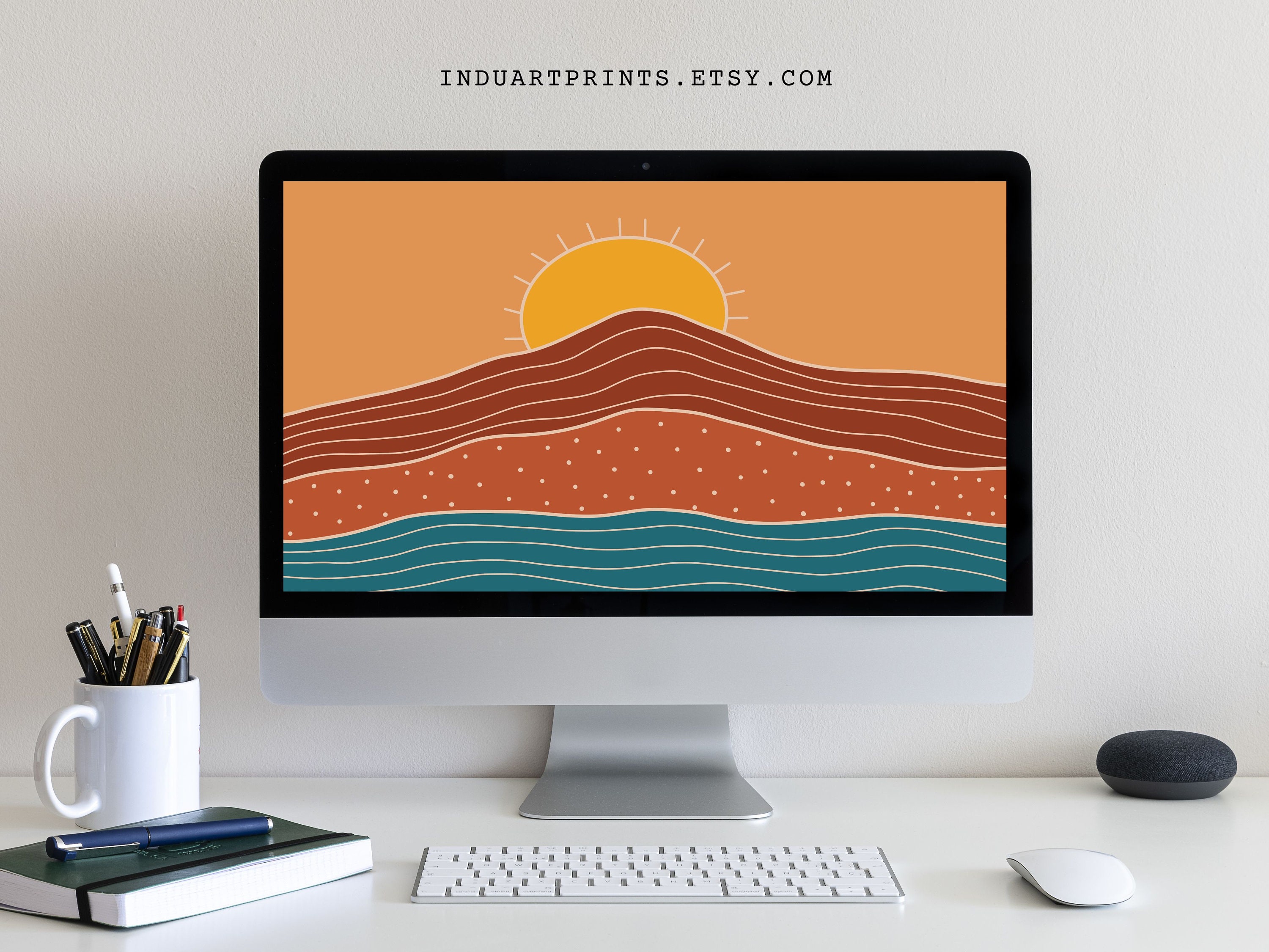 Boho Landscape Desktop Wallpaper, Abstract Sun and Mountains Background ...
