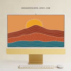 Boho Landscape Desktop Wallpaper, Abstract Sun and Mountains Background, Mid Century Modern Art, Minimal Brown Aesthetic Wallpaper, Digital